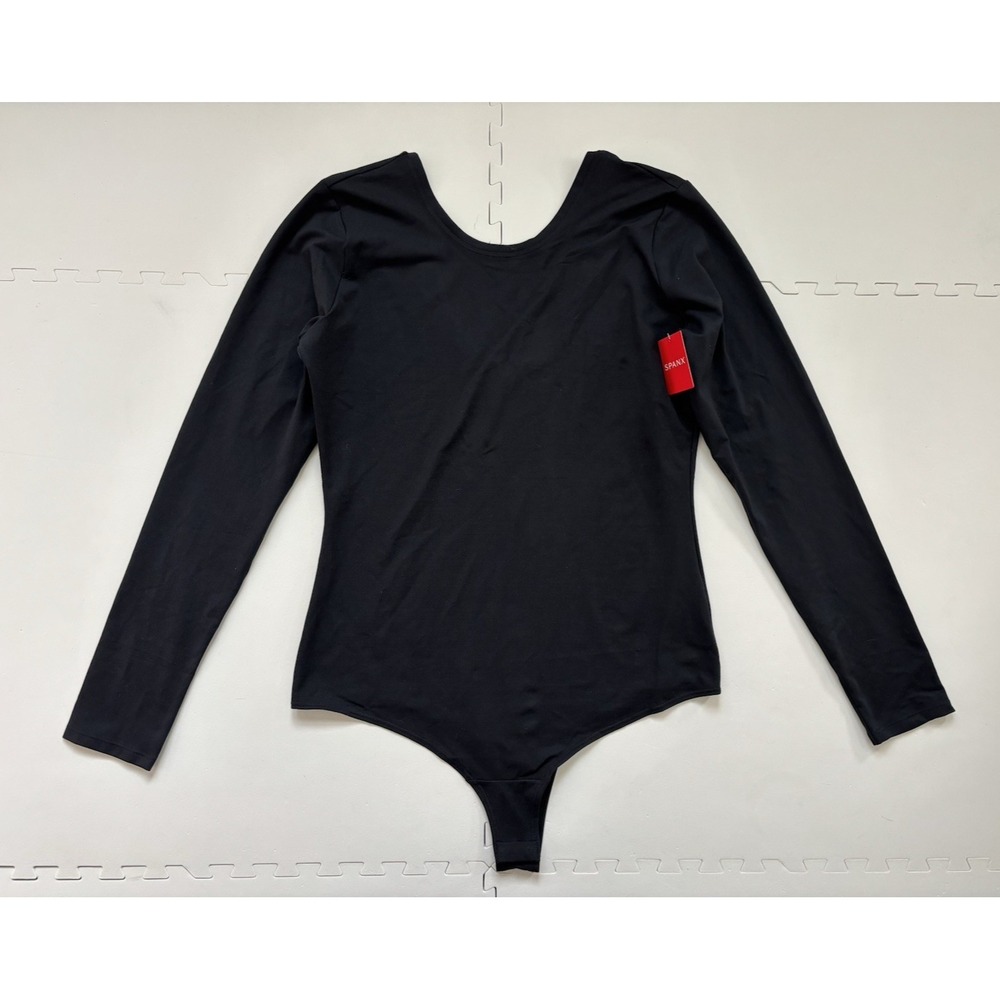 NWT SPANX Bodysuit Shapewear Long Sleeve Scoop Neck Smoothing Thong- Sz XL Black